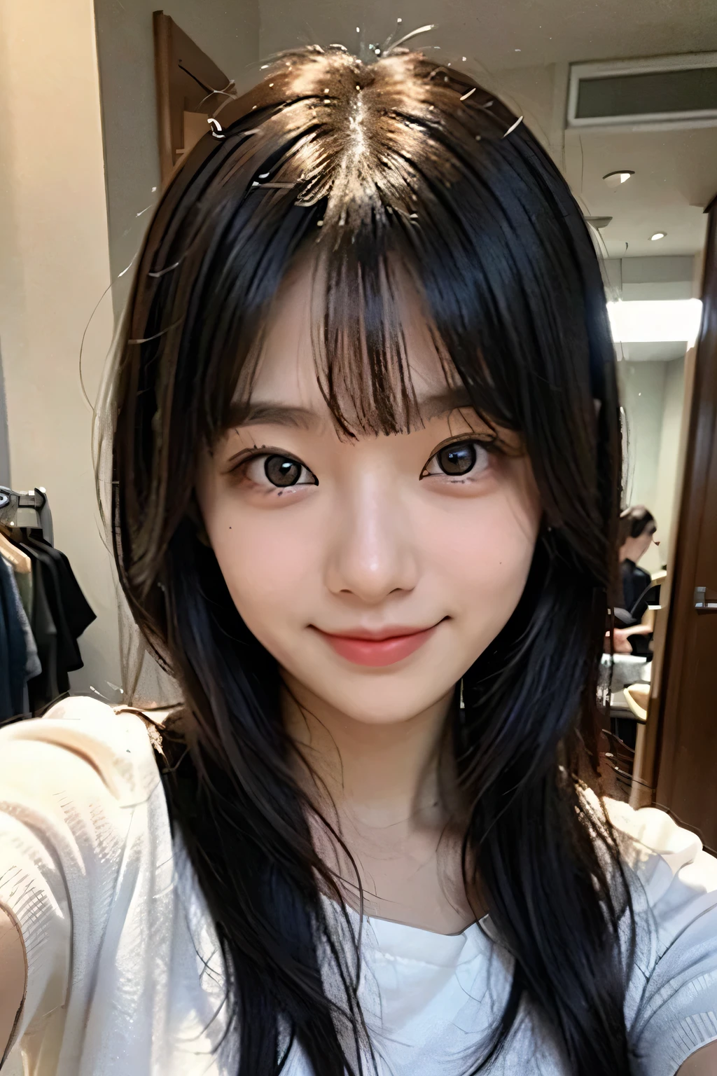 fashionable clothes、selfie style、 has bangs(black hair)、smile slightly、Reduce the brightness of the skin
