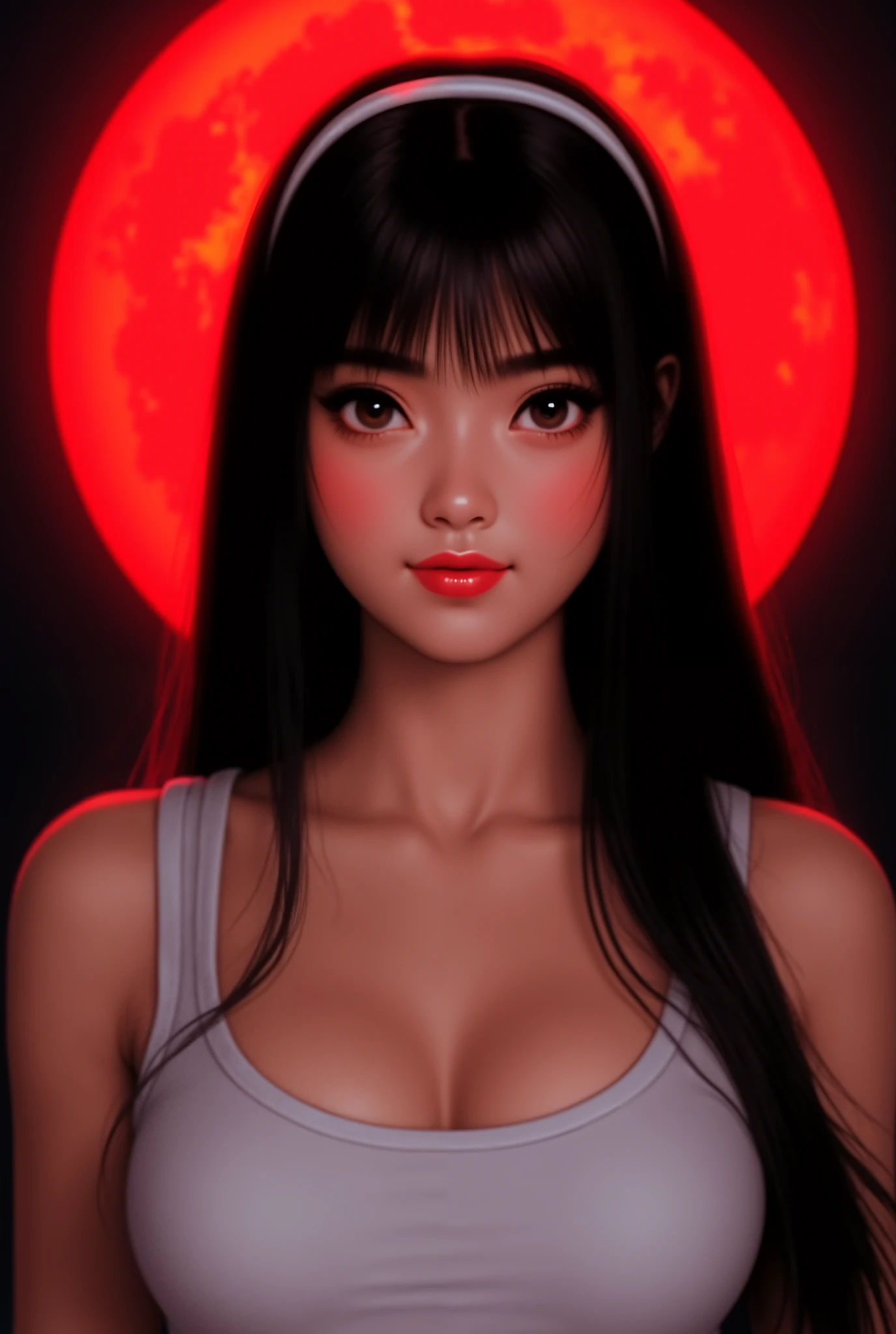 (red moon:1.2), perfect face, long hair, black straight hair, headband, white headband, black natural eyebrows, big brown eyes, black eyeliners, pink blush, nose, bright red thick lipstick, closed mouth, beautiful girl, medium breasts, white tank top