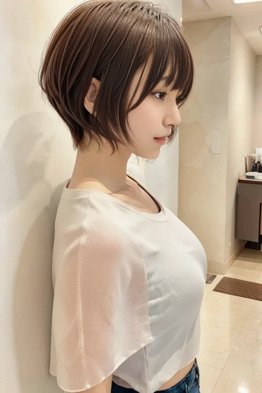 Photo seen from the side,(8k, RAW photo, best quality, masterpiece:1.2),natural lighting,small breast,(real human skin,finely detailed skin:1,4),upper body photo,((straight short hair,natural hair,transparent bangs,light brown hair:1,6)),white shirt,