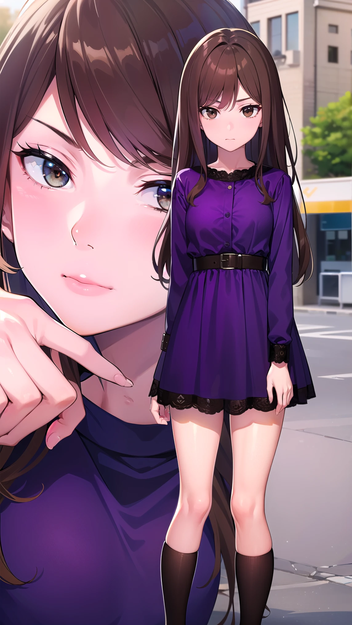 muginoshizuri, mugino shizuri, (brown eyes:1.7), brown hair, long hair, (kakiage bang:1.5), (medium breasts:1.2), anger,吊り上がった目
black thigh high socks, dress, thigh high socks, absolute region with to, (purple dress:1.5), long dress, long sleeve, Chest,
looking at viewer, upper body, full body,
outdoors, city,
(masterpiece:1.2), best quality, high resolution, Unity 8k Wallpaper, (illustration:0.8), (Beautiful Detailed Eyes:1.6), petite girl with very detailed face, perfect lighting, very detailed CG, (perfect hands, perfect anatomy from a shellfish),