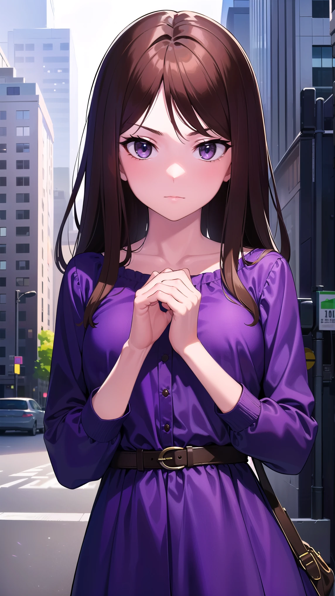 muginoshizuri, mugino shizuri, (brown eyes:1.7), brown hair, long hair, (kakiage bang:1.5), (medium breasts:1.2), anger,吊り上がった目
black thigh high socks, dress, thigh high socks, absolute region with to, (purple dress:1.5), long dress, long sleeve, Chest,
looking at viewer, upper body, full body,
outdoors, city,
(masterpiece:1.2), best quality, high resolution, Unity 8k Wallpaper, (illustration:0.8), (Beautiful Detailed Eyes:1.6), petite girl with very detailed face, perfect lighting, very detailed CG, (perfect hands, perfect anatomy from a shellfish),