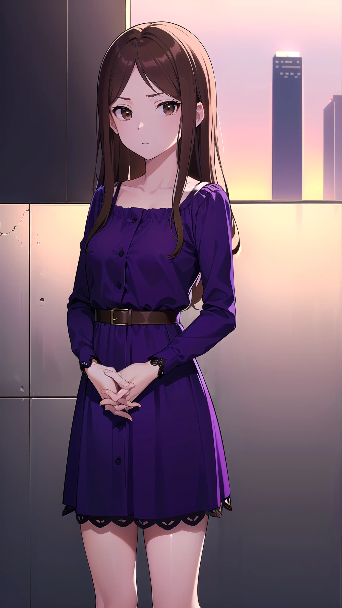 muginoshizuri, mugino shizuri, (brown eyes:1.7), brown hair, long hair, (kakiage bang:1.5), (medium breasts:1.2), anger,吊り上がった目
black thigh high socks, dress, thigh high socks, absolute region with to, (purple dress:1.5), long dress, long sleeve, Chest,
looking at viewer, upper body, full body,
outdoors, city,
(masterpiece:1.2), best quality, high resolution, Unity 8k Wallpaper, (illustration:0.8), (Beautiful Detailed Eyes:1.6), petite girl with very detailed face, perfect lighting, very detailed CG, (perfect hands, perfect anatomy from a shellfish),