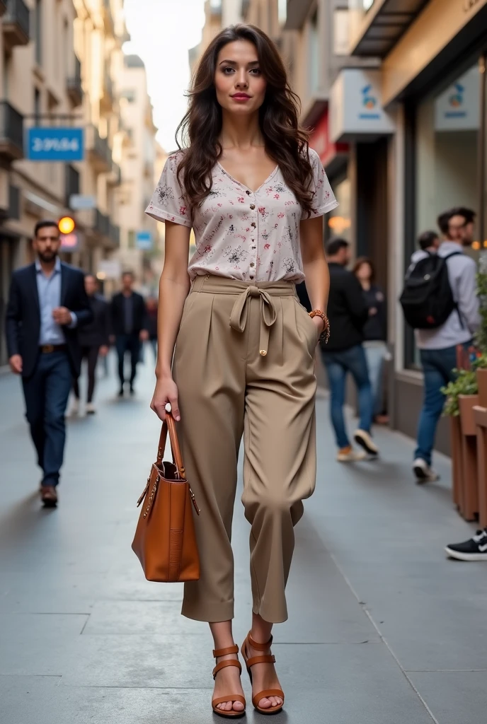full length ،"A young woman with a casual summer street style is walking down a busy street. She is wearing a chic outfit complemented . The background includest  and modern buildings, showcasing the energy and charm of the city."