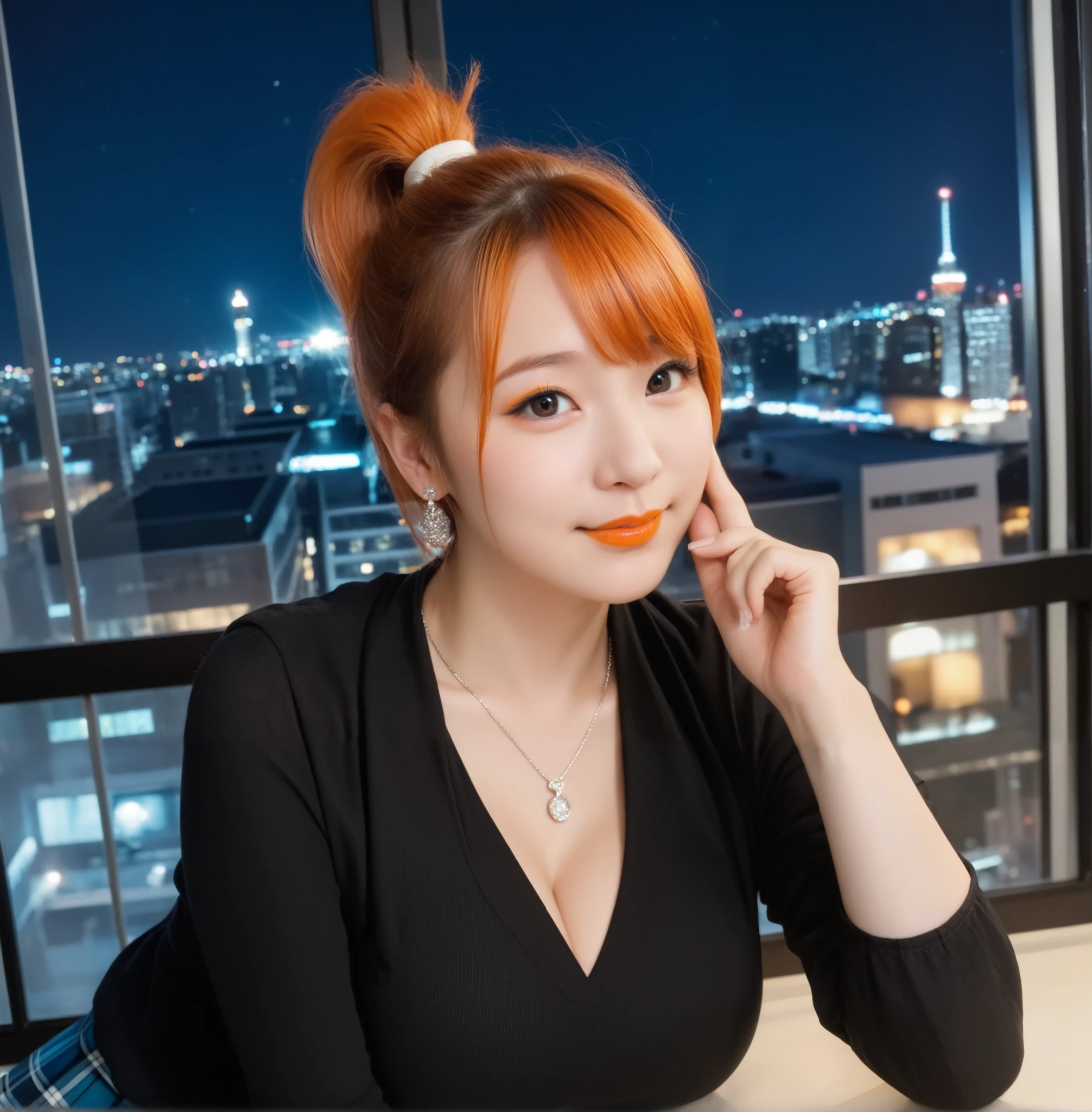 mix 4,(8k, RAW photo, best quality, master:1.2), (realistic, photo-realistic:1.37),1 girl,cute,cityscape of Shumigaoka, Night , full moon, clear night sky professional lighting,photon mapping,radiosity,physics-based rendering ,orange hair 1:3 Japanese beauty 18 years old short ponytail big breasts, big 1:2, cute and big eyes,high nose small mouth long eyelashes double eyelids Natural Makeup Orange lipstick, thin body shapes black blouse plaid mini skirt earrings,necklace Touching your hair