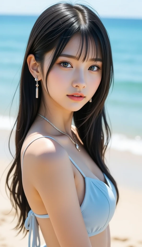((highest quality、masterpiece:1.3))、((Russian Beauty))、1 female、18-year-old、The most beautiful girl in the world、Small Face Beauty、Huge boobs:1.3、Slim figure:1.1、Toned Abs、Beautiful long straight black hair、(Beach、Wet body、Cute Bikini:1.1)、Highly detailed face、Detailed lips、Detailed eyes、double eyelid、White beautiful skin、Shiny skin、Beachボール、blue sky、cloud、Look to the left、Kneel、Glowing pale bull eyes、Wide Shot