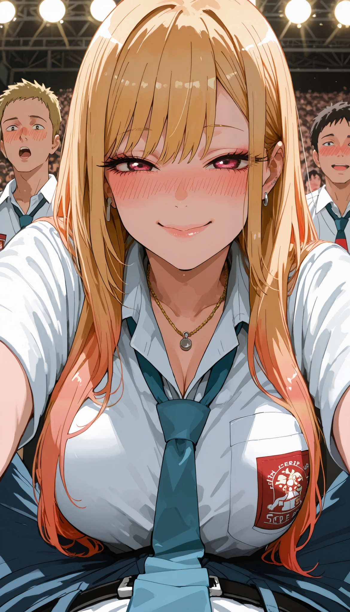 score_9, score_8_up, score_7_up, score_6_up, score_5_up, score_4_up, source_anime, Marin Kitagawa,tag1, tag2, best quality, high quality, 8k, very high resolution, perfect lighting, clear face, long hair, blonde hair, bangs, Indonesian high school uniform, big breasts, looking at the audience, seductive smile, shy, drunk eyes BREAK low angle view, POV, leaning on people