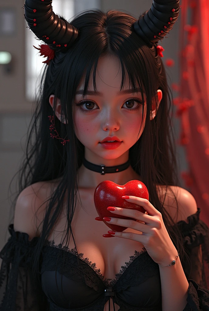 a drawing of a girl with black hair holding a red heart, gothic deer, cara emo fofo, emo, estilo emo, It's Junji's style, garota emo anime, heartbroken, Sebastian Michaelis, muito triste, deviant art, uma garota emo, Horror lovecratftian, arte negra, art It's Junji's style, desgosto