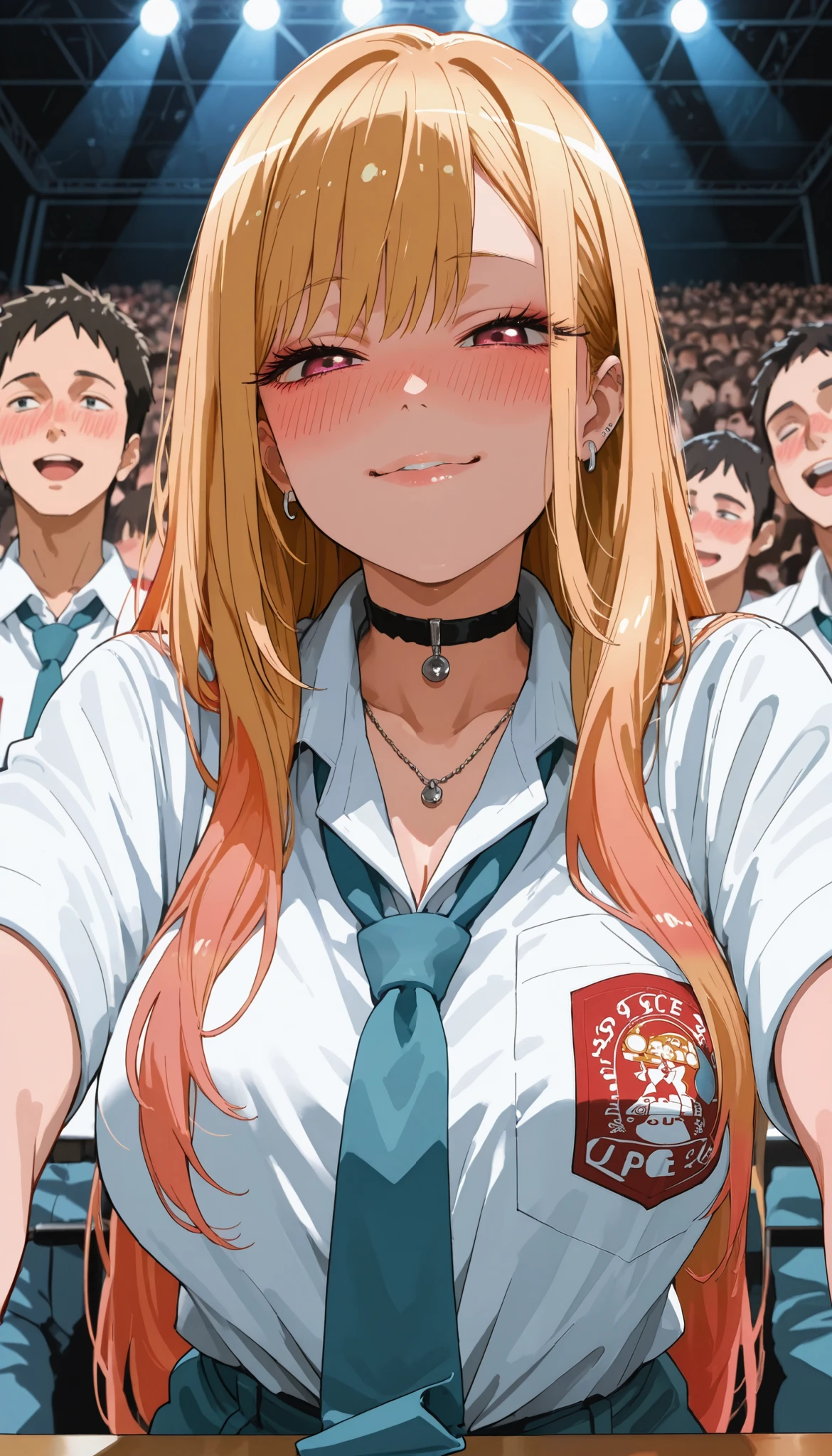 score_9, score_8_up, score_7_up, score_6_up, score_5_up, score_4_up, source_anime, Marin Kitagawa,tag1, tag2, best quality, high quality, 8k, very high resolution, perfect lighting, clear face, long hair, blonde hair, bangs, Indonesian high school uniform, big breasts, looking at the audience, seductive smile, shy, drunk eyes BREAK low angle view, POV, leaning on people