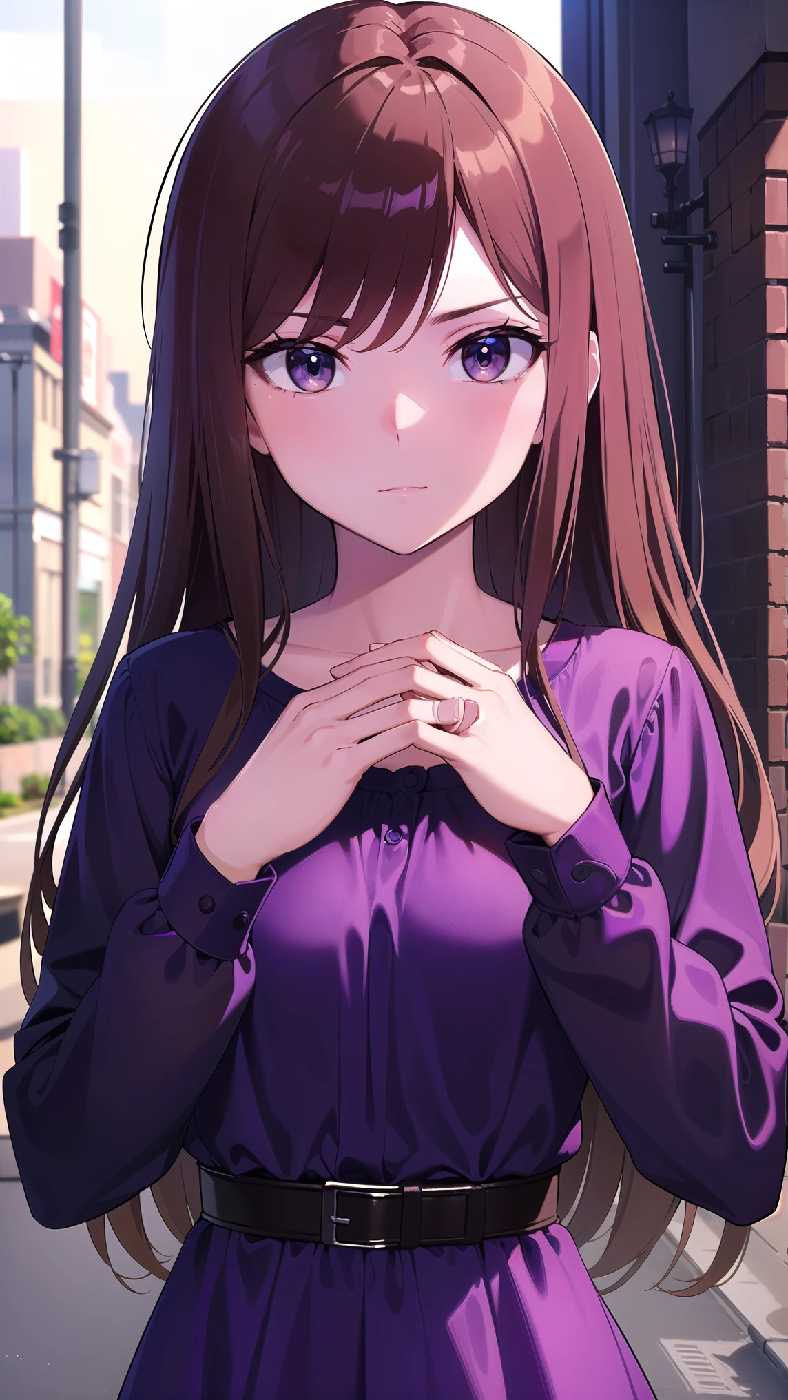 muginoshizuri, mugino shizuri, (brown eyes:1.7), brown hair, long hair, (kakiage bang:1.5), (medium breasts:1.2), anger,非常に吊り上がった目
black thigh high socks, dress, thigh high socks, absolute region with to, (purple dress:1.5), long dress, long sleeve, Chest,
looking at viewer, upper body, full body,
outdoors, city,
(masterpiece:1.2), best quality, high resolution, Unity 8k Wallpaper, (illustration:0.8), (Beautiful Detailed Eyes:1.6), petite girl with very detailed face, perfect lighting, very detailed CG, (perfect hands, perfect anatomy from a shellfish),