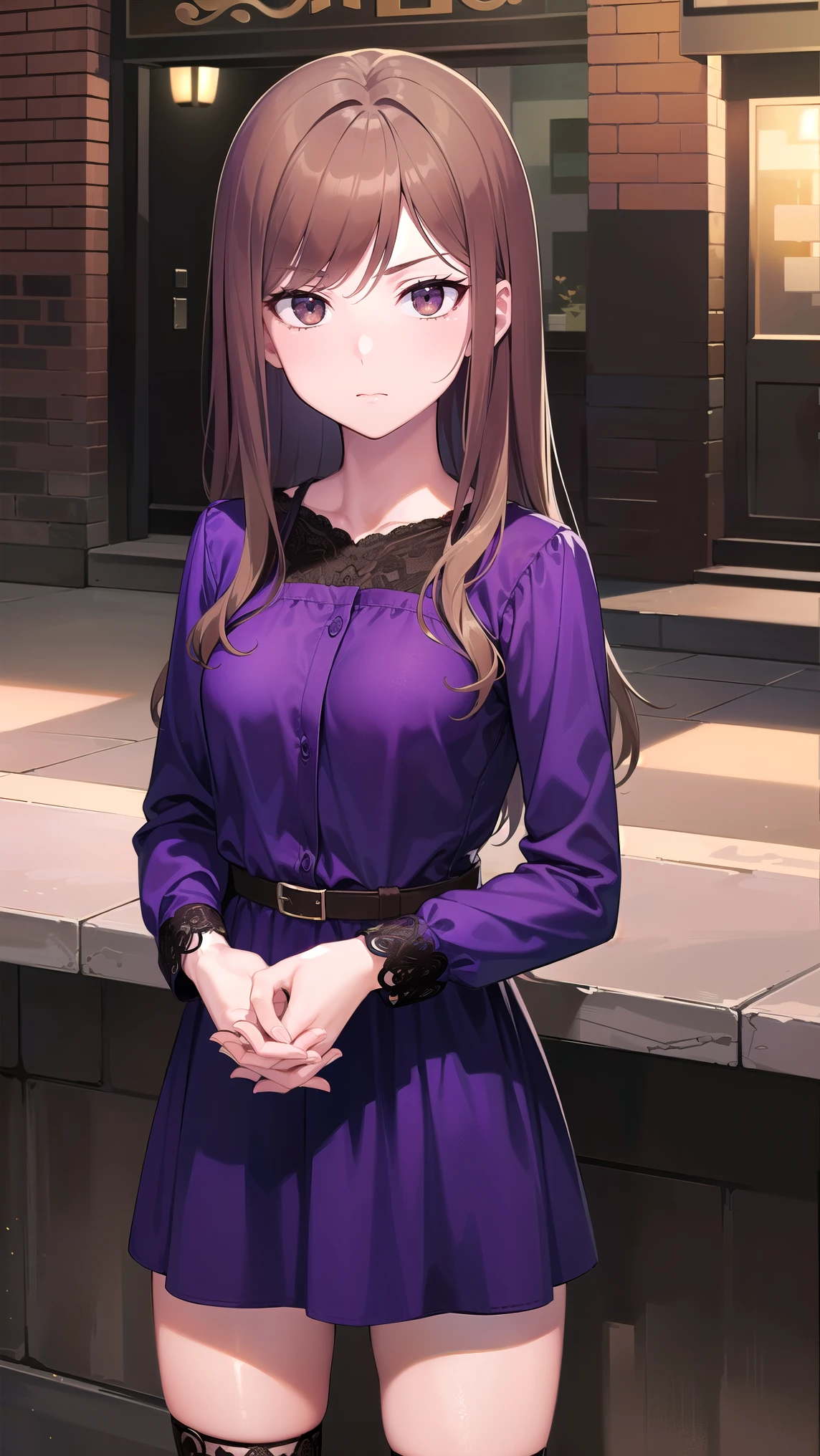 muginoshizuri, mugino shizuri, (brown eyes:1.7), brown hair, long hair, (kakiage bang:1.5), (medium breasts:1.2), anger,非常に吊り上がった目
 black thigh high socks,  dress, thigh high socks, absolute region with to, (purple  dress:1.5), long  dress, long sleeve, Chest, 
 looking at viewer, upper body, full body,
 outdoors, city,
 (masterpiece:1.2), best quality, high resolution, Unity 8k Wallpaper, (illustration:0.8), (Beautiful Detailed Eyes:1.6), petite girl with very detailed face, perfect lighting, very detailed CG, (perfect hands, perfect anatomy from a shellfish),