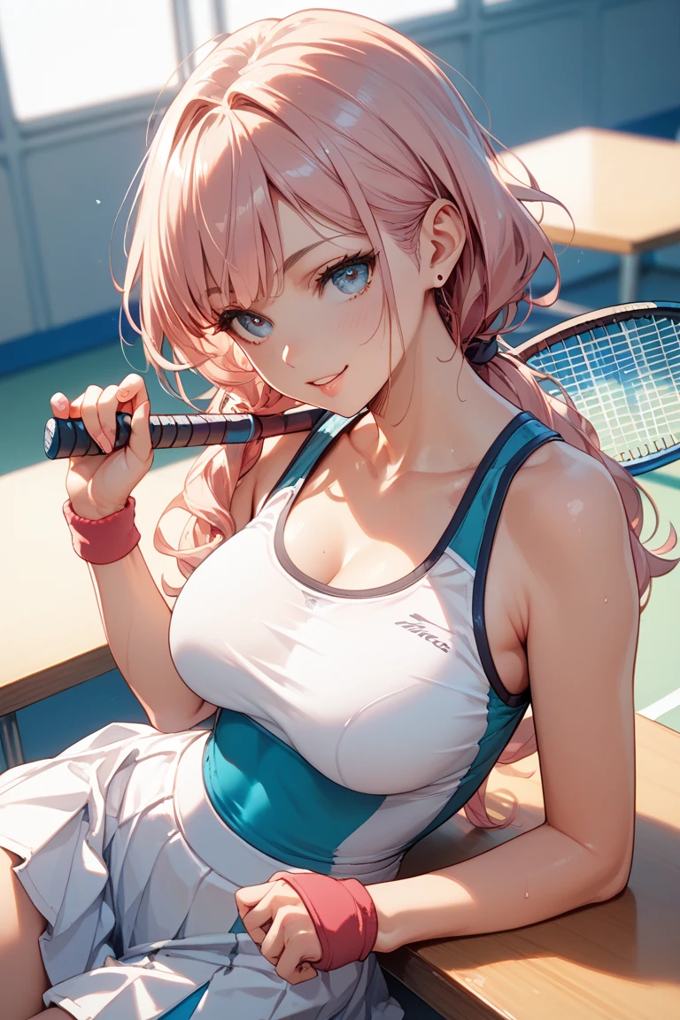 (Highest quality, 8k, 32K, masterpiece, Ultra-high resolution,:1.2),to be born, One Girl,So cute , hair ornaments, eye, Multicolored Hair,Upper Body, Pink Hair, Magical girl, Tennis courtのような電子世界のようなファンタジー背景, clear, 輝くeye, Age 25 ,Fair skin, Pink Hairの少女, Sexy Costumes, Long Hair, An innocent smile, Large Breasts,, Tennis court,