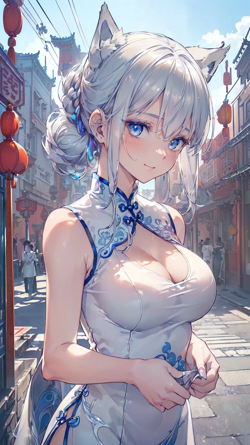 8k, Highest quality, masterpiece, Realistic, Super detailed, photograph, High resolution, ROWphotograph, High resolution, Swimwear,Bikini Absurd, Cinematic Light, Official Art, High resolution, Depth of written boundary,
(close:1.2), Beautiful feet, thin, cute顔, smile, Beautiful details in the eyes, 19 years old Russian, cute, Bright silver ponytail、Detailed skin,
(Intricately patterned dress:1.4), (Colorful lights:1.4), (night:1.4), City Street, (neon:1.2),