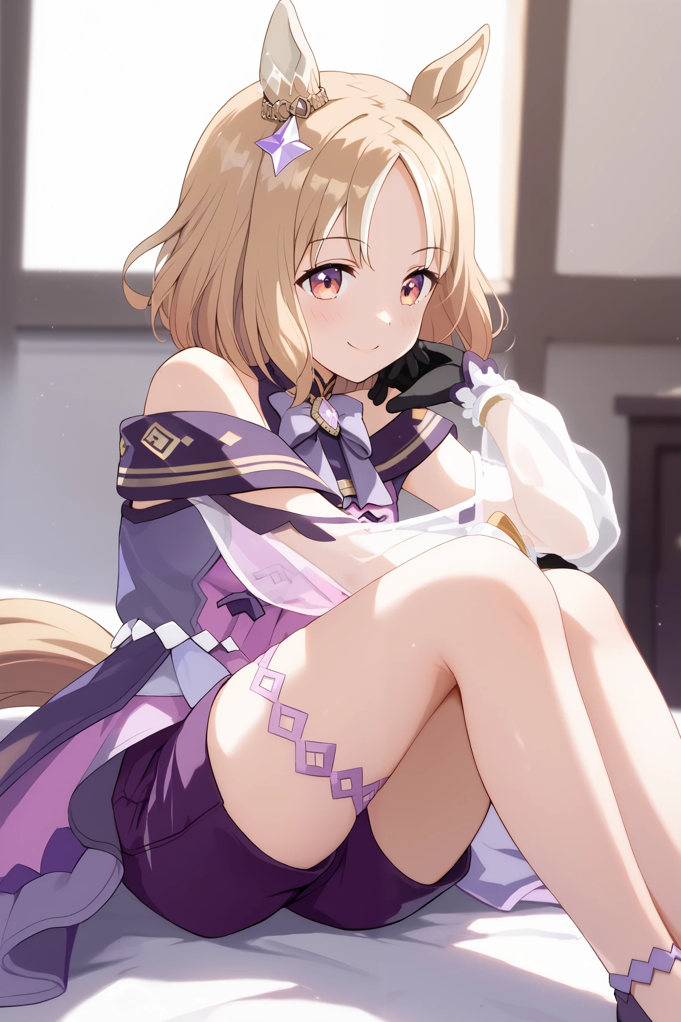 Narita, horse tail, short hair, animal ears, ear ornament, ear covers, single ear cover,purple dress, off-shoulder dress, purple bow, long sleeves, see-through sleeves, black gloves, purple shorts, thigh strap, bare shoulders,1 girl, Alone, anime style,cute girl,best quality, super detailed, anime style,8k, high resolution, detailed images,precise face,high quality of wavy lines,high image quality,((Micro mini short shorts)),((racecourse lawn)),((sitting on the ground)),((with 10,000 fingers)),(an up image of the character),((The face is close to the knee)),(kind smile),and my cheeks are dyed slightly red,morning,morning日がキラキラと降り注ぐ,( image viewed from the side),((smooth thighs)),((holding the knee with both hands)),(An upshot from the thigh),