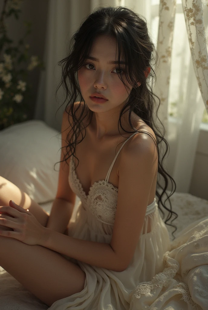 1 girl, Best quality, masterpiece, ultra high res, (photorealistic:1.4), raw photo, 1girl, see through spaghetti strap shirt, cinematic lighting, half body view, half body shot, bedroom, nude but covered by blanket, long ponytail, Whimsical lighting, Enchanted ambiance, bokeh, Dreamy decor, Whimsical lighting, Enchanted ambiance