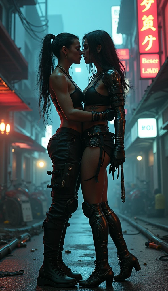 (complex two subjects) best quality,4k,8k,highres,masterpiece:1.2),ultra-detailed,(realistic,photorealistic,photo-realistic:1.37),Sofía Vergara as the sexy Joker. With her alluring charm, she embodies the mischievousness and playfulness of the character. Her eyes captivate with their mesmerizing gaze, drawing you into her world. Her detailed lips, slightly parted in a seductive smile, add to her allure. (subject 2), Kelly Hu takes on the role of Harley Quinn, exuding a distinct sense of craziness and mischief. She flirts with danger and steals the spotlight with her flirtatious expressions and exaggerated gestures. Her vibrant makeup and colorful hair reflect the colorful chaos that surrounds her. The scene is set in the immersive world of Gotham City, with its dark and brooding atmosphere. The city skyline, illuminated by the neon lights of the Joker's antics, creates a haunting backdrop. Both characters are armed with Joker weapons, showcasing their dangerous and unpredictable nature. Sofía Vergara wields an intricately designed weapon, showcasing her power and control. Kelly Hu's weapon complements her wild and unpredictable personality, adding an extra touch of chaos to the scene. The color palette leans towards vibrant and bold hues, reflecting the flamboyant and larger-than-life personalities of the characters. The lighting is dramatic, casting shadows and highlighting the characters' features, adding depth and intensity to the scene. The resulting image is a high-quality masterpiece that captures the essence of these two iconic characters, bringing them to life in a visually stunning and immersive way. (show both women, full body shot, head to toe)