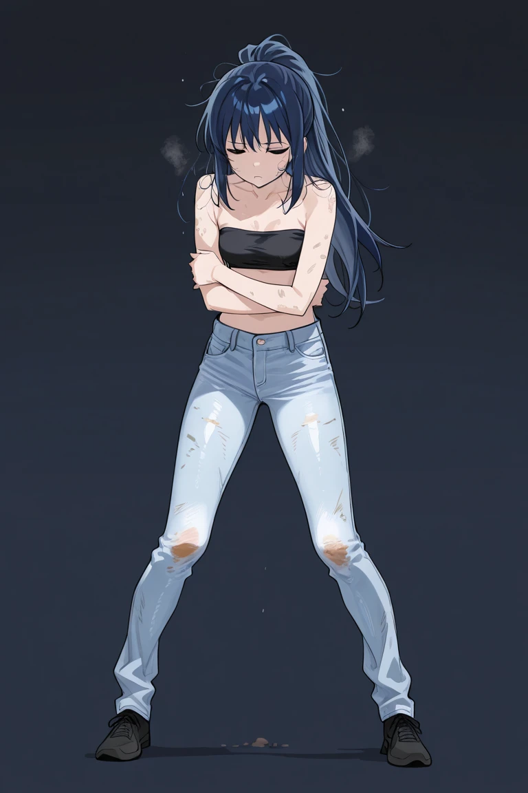 (masterpiece, top quality, best quality, highly detailed:1.2), 1girl, solo, photo of a cute embarrased black tween girl standing in the middle of the mall and peeing on the floor, peeing self, having an accident, the mall, indoor, standing, ((pee stream)), (pee puddle), pee stain, skinny jeans, wet jeans, wet furniture, pee puddle, peeing, sneakers, wet sneakers, black hair, blue eyes, blushing, frowning, crop top, multi-colored bracelet