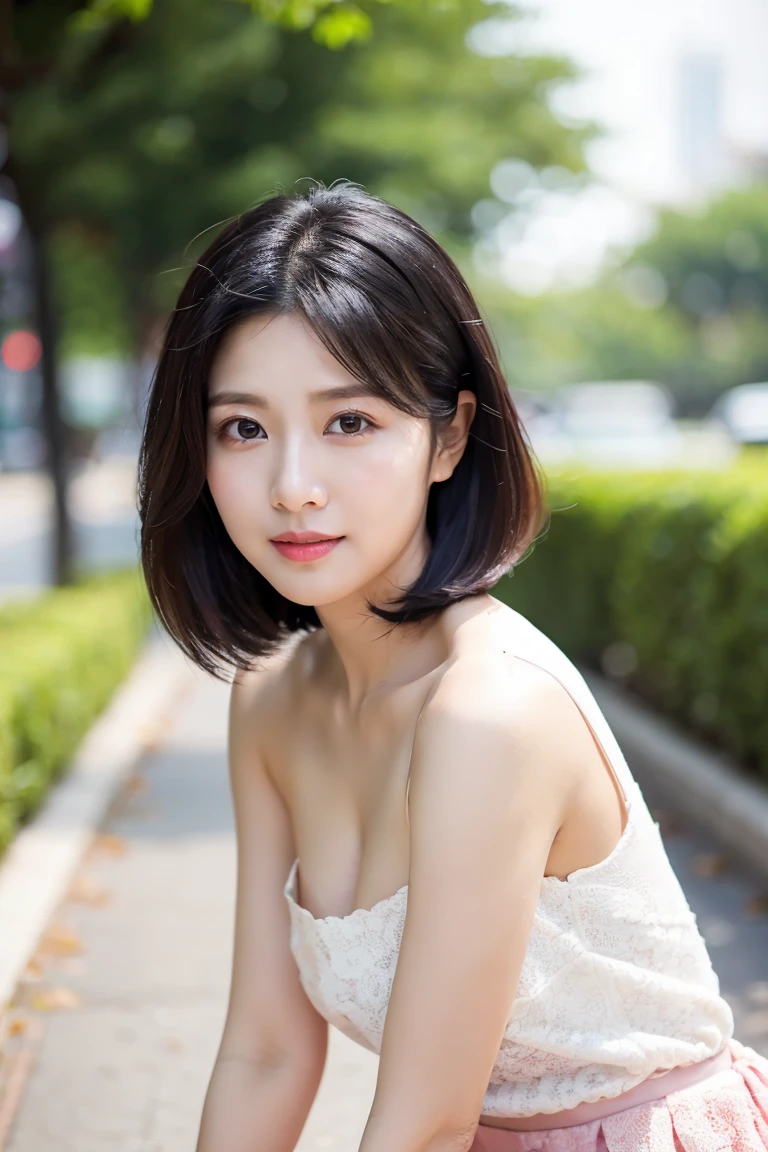 black hair, hair bobbles, longeyelashes, solid circle eyes, light smile, mole under eye, heart earrings, light smile, shy, puckered lips, Surrealism, drop shadow, stereogram, pov, atmospheric perspective, depth of field, first-person view, f/1.8, 8k, super detail, ccurate, best quality, highres, best quality,full body,short cut hair,bikini