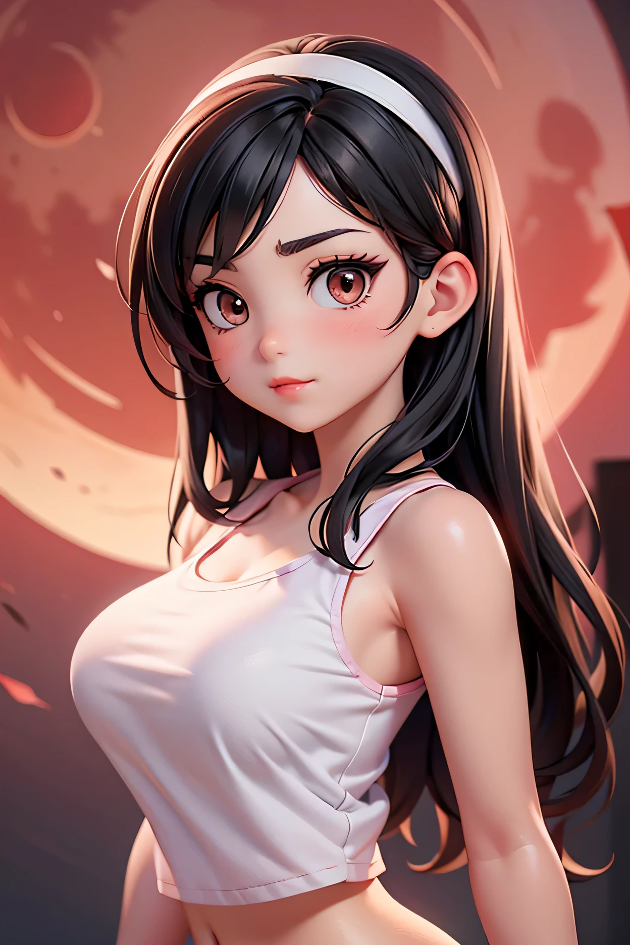 (red moon:1.2), perfect face, long hair, black straight hair, headband, white headband, black natural eyebrows, big brown eyes, black eyeliners, pink blush, nose, bright red thick lipstick, closed mouth, beautiful girl, medium breasts, white tank top