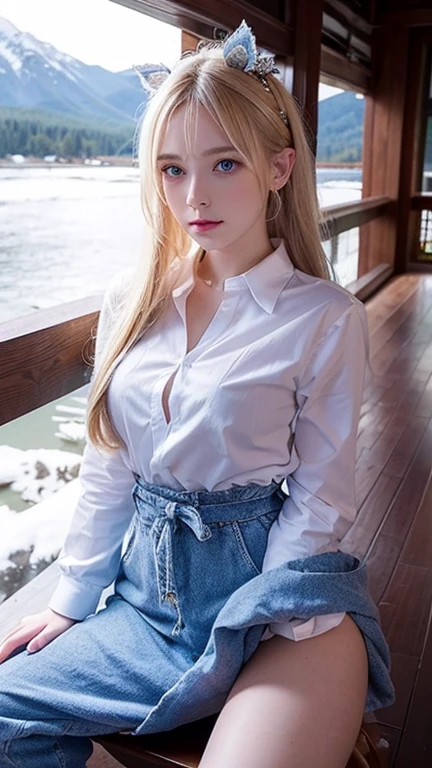(((open jacket、mini skirt、White background、Cowboy Shot)))、forehead、Northern Europe、Russia、beautiful girl、Platinum Blonde Hair、Straight long hair、Hitting the face and front of the eyes、Big blue eyes、Northern Europeの若者、Glowing Skin、Young and beautiful skin、A perfect and beautiful little face、Bright makeup、Pale pink lips、Bright expression、16-year-old girl、lipstick、Golden Hour Lighting、Bokeh Atmosphere Perspective、detailed、Movie Light、複雑なdetailed、High resolution、 フェイスデザインのdetailedな特徴、Attention to detail