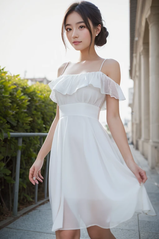 ((Highest quality)), ((8k)), ((masterpiece: 1.3)), (Perfect appearance), (Photorealism: 1.6), (JMA), (Who), (Genuine:1.4), 1 Mature Woman, Perfect Anatomy, 65 years old, ((Realistic skin texture)), (Fine lines on the skin), (Dull skin), (Facial wrinkles), (Wrinkles around the eyes), double eyelid, Tear bags under the eyelids, (corner of the eye), Thin eyebrows, Medium Long Hair, (Stand collar, Asymmetrical hem, Frills, No sleeve, dress), ((Standing posture: 1.3)), (Resort: 1.2),