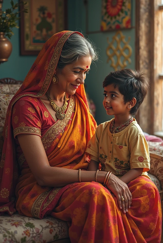 (photorealism:1.2), beautiful old indian woman and young boy , cuddling on bed, she is wearing indian kurti, showing huge cleavage, has large breasts.