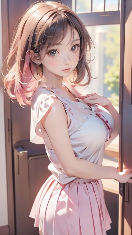 (dynamic angle), in the Living room, sofa, (upper body), completely nude, girl1,pale Light orange Hair, long hair, twintails, hair ribbon, (ultra-detailed brilliant eyes), (small nipples:1.2), (small areolas:1.2), kawaii, cute, pale purple eyes,(shy), (blush),light smile, (White nude apron lift:1.2),
