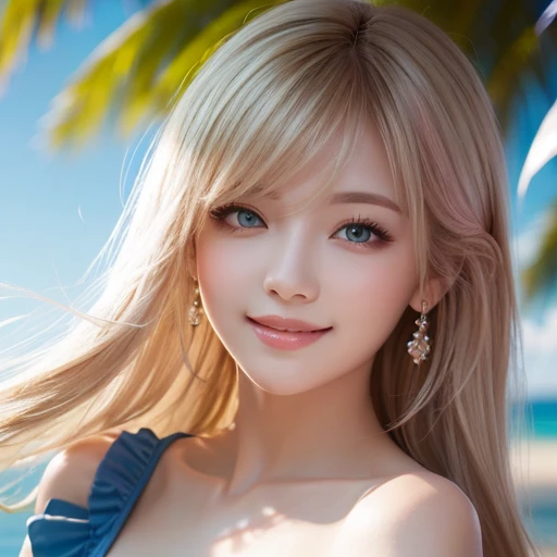 8K,Blonde woman looking at the sea,1 超美people(Like the real thing), Sharpening of facial expressions,Blue sky and white clouds with warm sunshine, Smiling and gazing into the distance, The fine grains of sand on the beach sparkle in gold., The wind is accompanied by small waves. The distant island is surrounded by greenery, sexy, Her stunning beauty is like a ray of light, Captivating the whole of heaven and earth. . Beach dream scene, people々Make people feel like they&#39;re there, Enjoy the beauty,The perfect angle、Professional quality high resolution、Perfect contrast、Perfect lighting、Perfect composition、Perfect Skin、Perfect Fingers、Perfect breasts、Perfect Hair、Perfect Face、Realistic facial features,masterpiece,Photorealistic RAW photos,Bright colors,Rich colors,50mm lens,Nikon D850,super highest quality,Slim figure,Perfect body line,Perfect hand shape,Anatomical body balance,Highly detailed face,Highly detailed eyes,Beautiful Lips,Excellent light particles,Cinema Lighting,Makeup,Ultra-high resolution,Ultra-Realistic Skin,sexyな女性のクローズアップ,sexyな水着,Ample breasts,Dynamic pose,