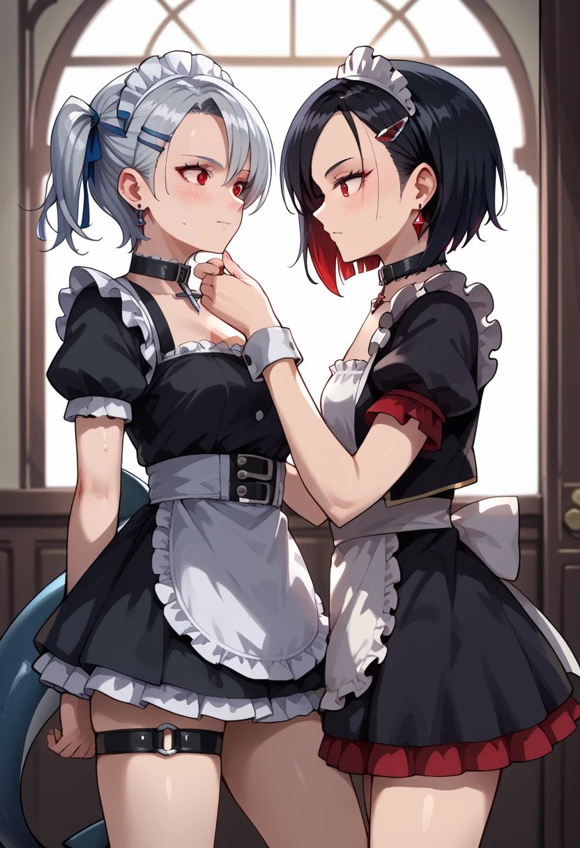 Two Girls、Maid clothes、Raise your arms and show your sides、Armpit hairs of bristles、Sweat、Steaming、odor、Blushing、Front view