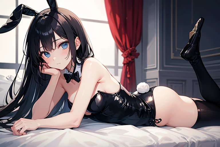 1 girl, black bunny suit, strapless, white cuffs, collar and bow tie, (flat chest, small breasts:1.2), bangs, laughing and smiling, in casino with red curtains, cinematic lighting, (8k, masterpiece, best quality, raw photo) --auto --s2