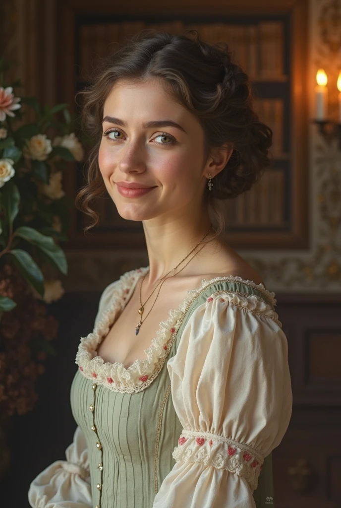 portrait of a rich young victorian princess, green eyes, thin smile, strapless dress, freckles, skin details, ornate brown hair, amateur candid photo