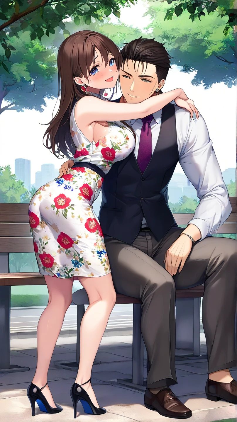 In the midst of a vast grassland, there stands a couple walking side by side. The man, with firm and confident strides, wears a blue shirt that matches the clear sky above. His gaze is filled with warmth and trust as he protects his partner. Meanwhile, the woman dons a flowing white dress, gracefully blending amidst the lush greenery. Her sweet smile illuminates her face, and a deep sense of love emanates from her eyes as she tightly holds her partner's hand. Behind them, the warm sunlight bathes the sky, creating an atmosphere of tranquility and warmth.