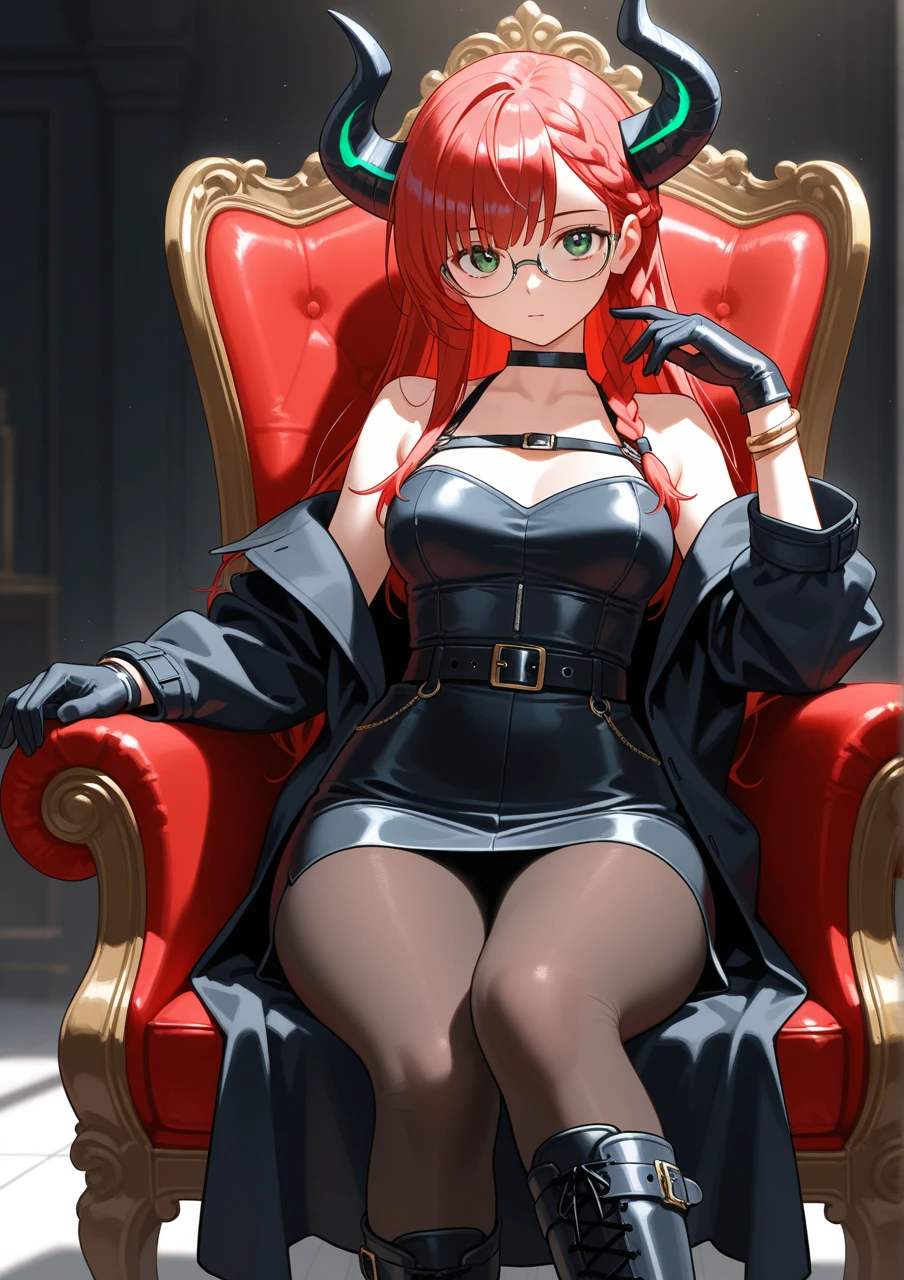 red long hair, masterpiece work, best quality, high resolution;,Improved detail，best quality，Perfect image quality，beautiful and sexy, first person view, small spots under the eyes , pretty, 큰 chest, 8K, ,chest 크게, pure white skin, chest, Beloved, excitement, beautiful, My heart is pounding,  red hair, glamour, girl friend, Gray-eyed pupils,hip, glamour, big breast, Sitting cross-legged, sitting on a chair, Queen, Overlooking, sole, superior, black dress, Sneering, 