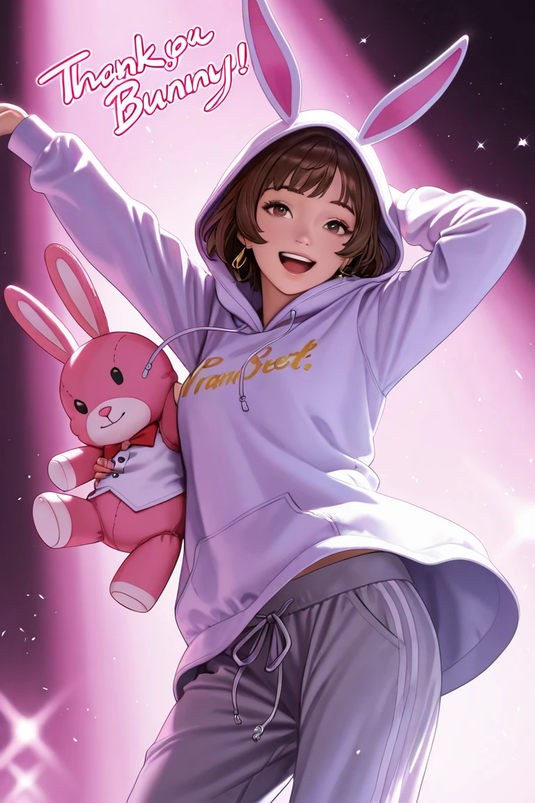 (masterpiece, best quality:1.2), solo, 1girl, roboco1st, android, mechanical arms, :d, looking at viewer, rabbit pose, arms up, bunny ears, pink hoodie, gloves, mechanical legs <lora:hololive_roboco-san-10:1> <lora:Ver2:0.8>