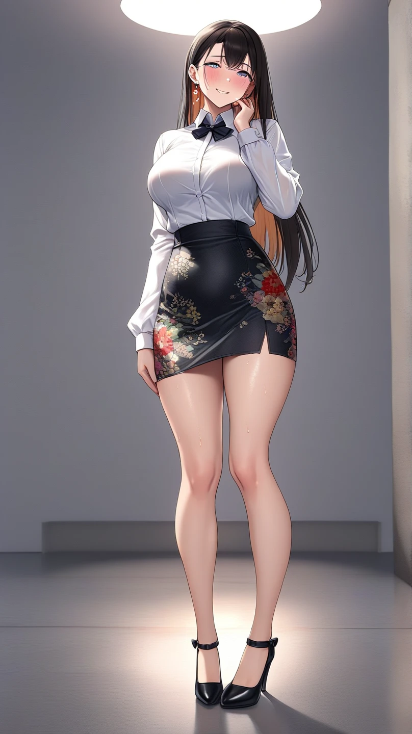 ((masterpiece, high resolution, better quality, better details)), ((anime)),a mature woman, one milf, long hair, blunt straight bangs, black hair, fair skin, full body, big breasts, slim waist, wide hips, fitness body, short skirt, low-cut sleeveless blouse, high platform heels,