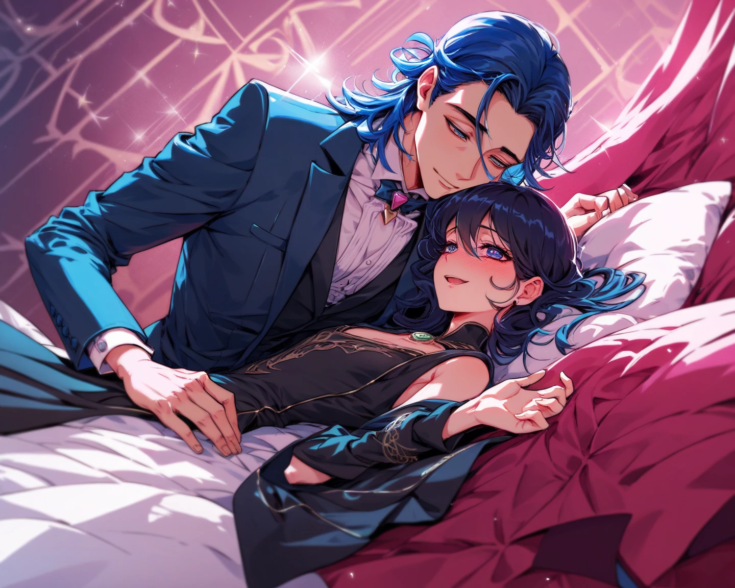 (woman with pink hair, sparkling light blue eyes)+(man with black hair and shimmering dark blue eyes)+(anime style Ilya Kuvshinov:1.2)+(couple lying in bed with their eyes closed and head on each other)+(high quality full body image)