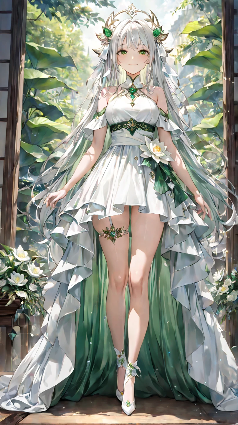 lustful expressions, smirk, ð, (full body photo:1.5), 35 year old woman, masterpiece, best quality, beautiful detailed eyes, comic beautiful woman wearing a white lily (fairy dress), puffy sleeves,  <lora:xl_fairy_dress-1.0:0.8> . graphic illustration, vibrant, highly detailed,(long  white wig, , brown eyes), extremely detailed, insane details, intricate details, hyperdetailed, dance, (adult female:1.5), curly hair, <lora:n15g_aio_hairstyles-1.0:0.8>