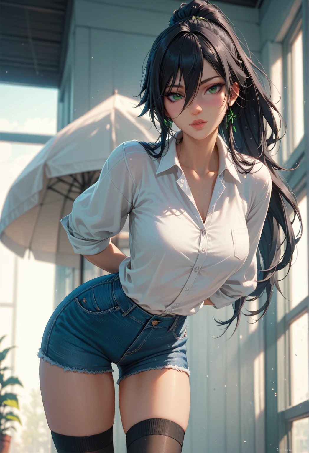 (masterpiece, best quality: 1.2), cowboy shot, solo, 1girl, yaoyorozu momo, anime screencap, city, long hair, black hair, gray eyes, looking at the viewer, lustful, closed mouth, ass, wide hips, short shirt, short shorts, unbuttoned shorts, squatting, erotica, front
