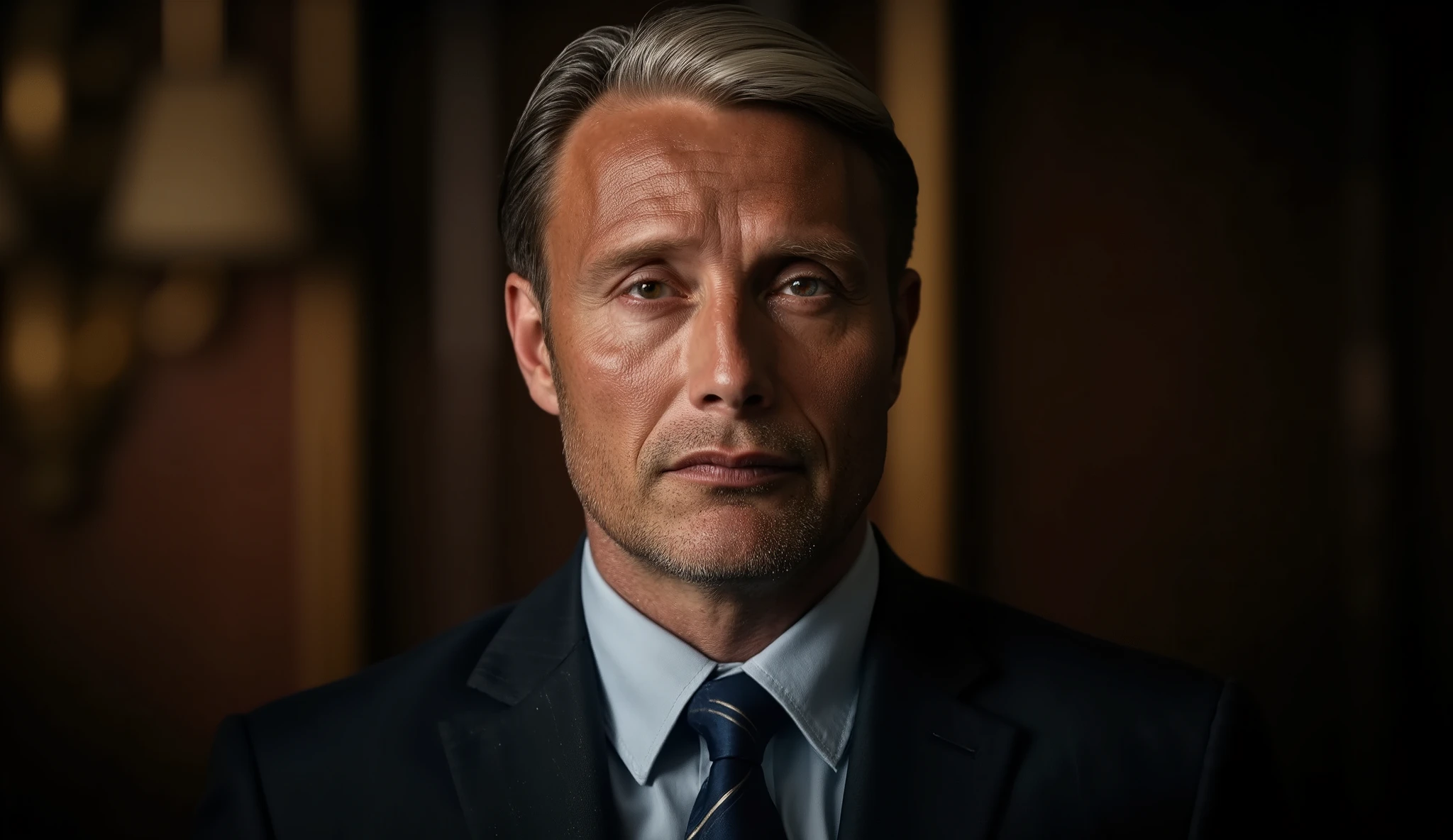 Photographic picture, super realism, front face, White man , 30-age, blond short hair, blue eye, cold smile, business suit style , necktie , back hotel room, night (textured skin , HI detailed skin, foreshortening, Canon, anatomically correct, super detail, high details, highness)