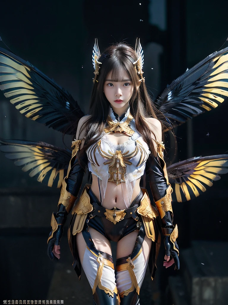 highest quality、masterpiece、ultra high resolution、(lifelike:1.4)、original photo、Robot Angel Battle、large wings made of metal、White porcelain body、Transparent acrylic cover、cana、glowing skin、1 chica ·、((Super realistic details))、Potrat、global illumination、shadow、Octane notation、8K、Super sharp、character rim light,huge 、Exposed skin on shoulders、intricate decorative details、Japan details、Hydraulic cylinder、small LED light、very intricate details、lifelike光线、a black eye、radiant eyes、in front of camera、Neon details、cowboy shooting、future helmet、About cyberpunk、、