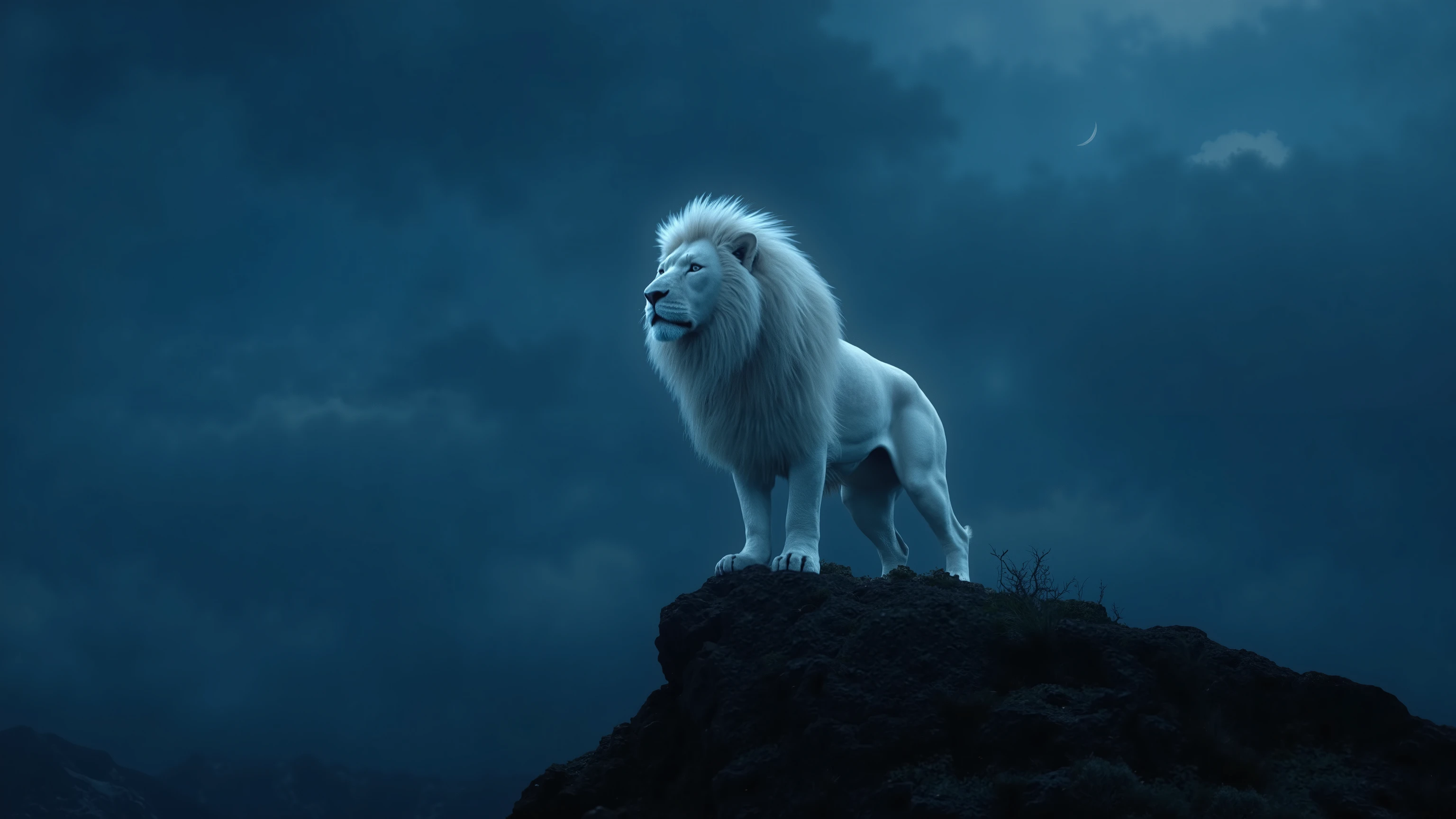 a mighty white lion, majestic and solitary, standing atop a lonely mountain peak at night, 4k, ultra-detailed, photorealistic, dramatic lighting, moody atmosphere, cinematic composition, epic fantasy