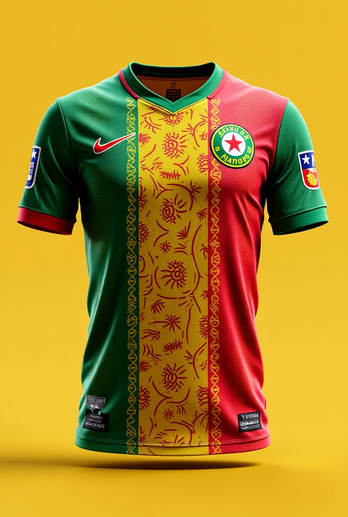 A 20-year girl in front of the Bangladeshi flag on the back. Wearing the jersey of Bangladesh. The jersey has 'bizli
' written in English and the face and eyes are covered in red cloth.