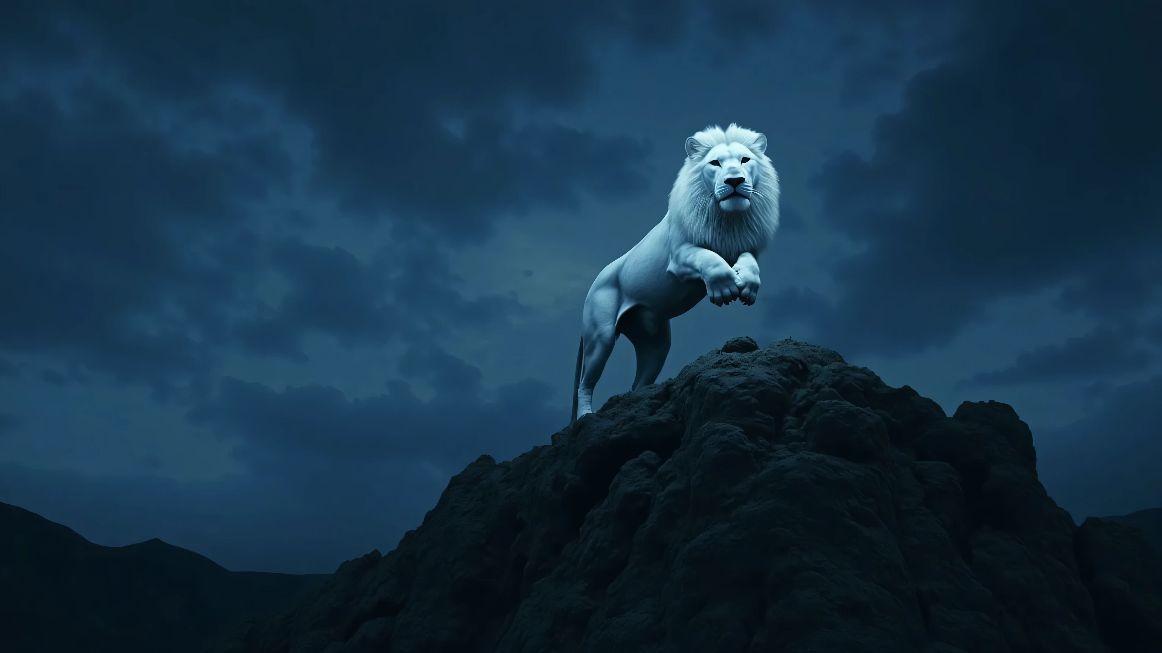 a mighty white lion, majestic and solitary, standing atop a lonely mountain peak at night, 4k, ultra-detailed, photorealistic, dramatic lighting, moody atmosphere, cinematic composition, epic fantasy