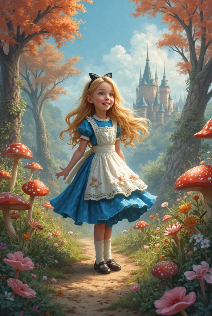 Create a highly detailed image in a whimsical, fantasy style featuring Alice, a young girl around 10 years old with bright blue eyes and golden blonde hair. She’s wearing a classic blue dress with a white pinafore, knee-high white socks, and black Mary Jane shoes. Alice is curious and adventurous, with a slight look of wonder and determination on her face. Surround her with a surreal, dreamlike environment, hinting at the magical world of Wonderland with hints of talking creatures, a tea party, and playing cards. The background should be vibrant and colorful, reflecting the fantastical elements of her journey.
