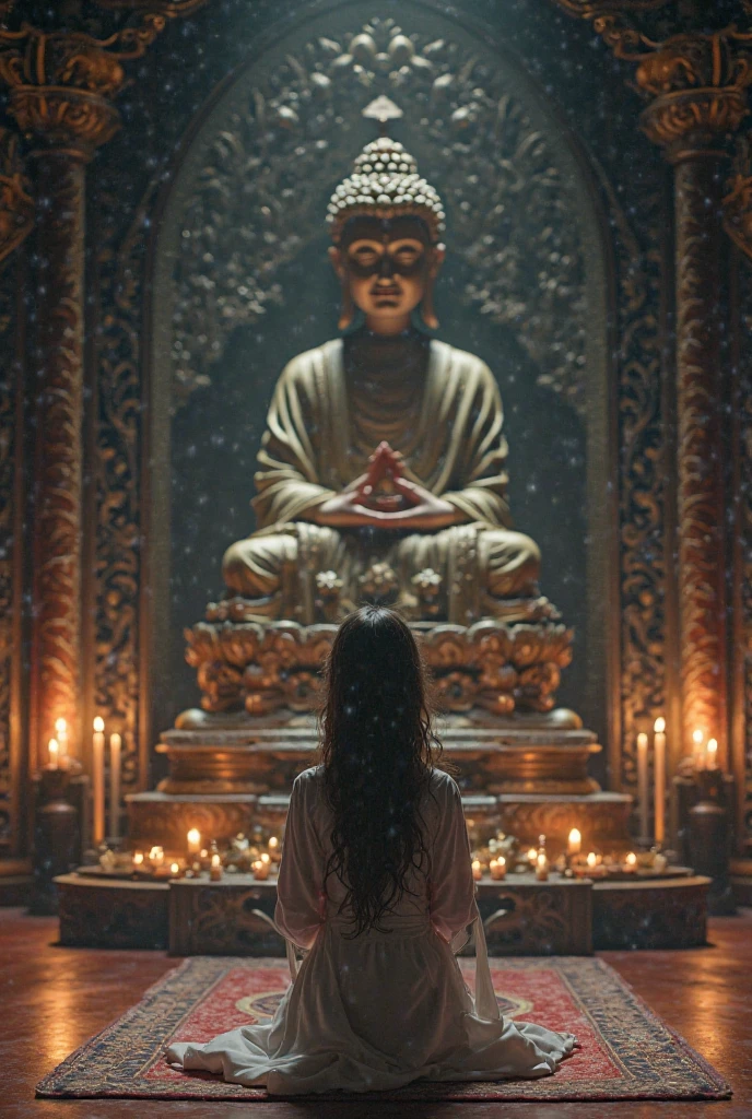 An ancient temple at night, flickering candlelight, a woman meditating, surrounded by ghosts, mysterious lighting effects, surreal art style, contrasting colors, high resolution