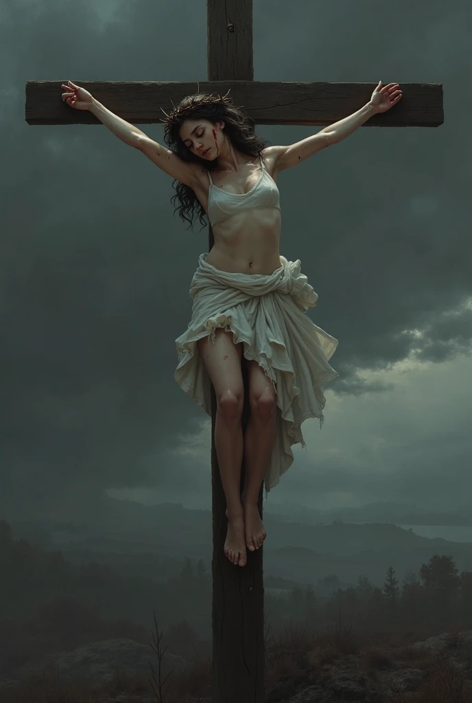 1 girl, realisitic, Raw photo, japanaese girl, (fullnude:1.9), (Beautiful and cute face:1.4), 18year old, bobhair, Black hair、(Crucifixion at sea:1.8), (Bind arms and legs to the cross with barbed wire:1.5), not any dressed、(Sinking a girl into the sea:1.2)