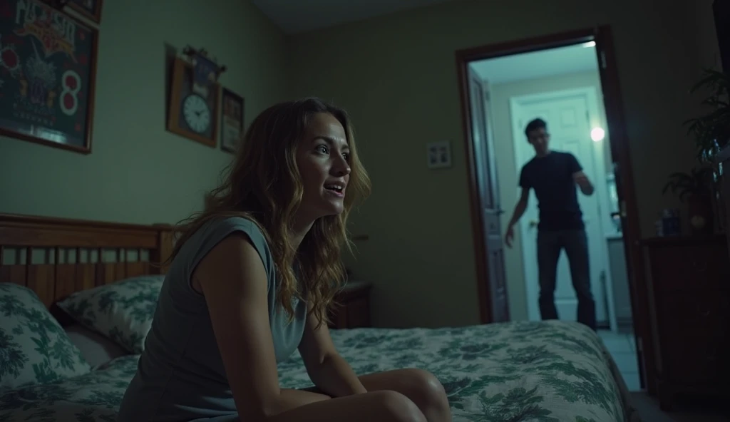 Create a dark and gloomy 16:9 image of a guy panicking when he sees a dead girl in her apartment in USA