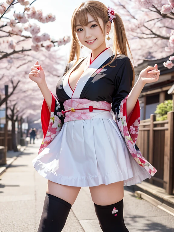 Maids、Katyusha、a miniskirt、shot from a low-angle、Colossal tits、No panties、no-bra、No panties、sensual breasts、Hi-Res、Shaded face、独奏、Blue eyes、A slight smil、A path lined with flourishing cherry blossom trees