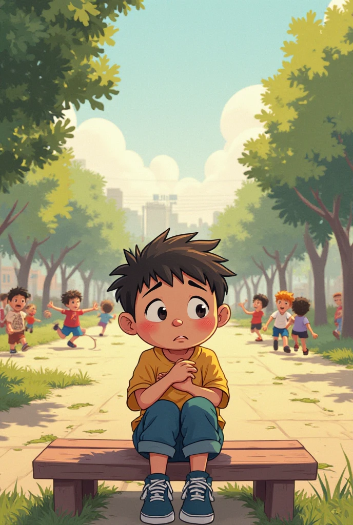 (photorealism:1.2), A very angry , wearing full pants and t-shirt, is standing under a banyan tree, surrounded by many friends playing, the boy is pulling his hair by himself.