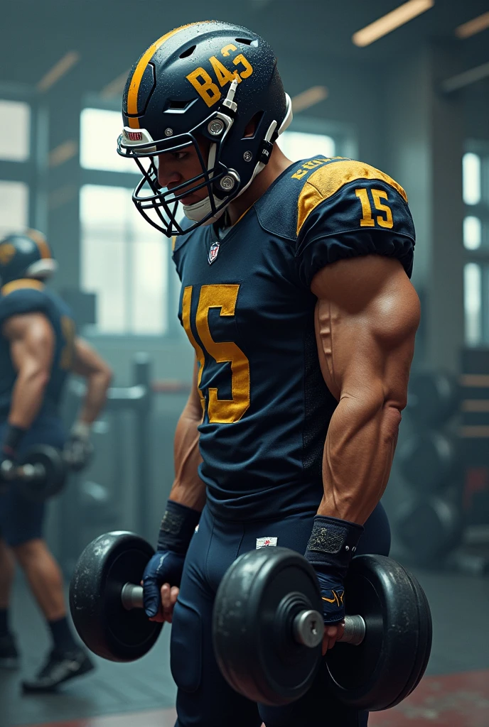 (realistic), (photorealistic), ((masterpiece)), ((best quality)), (detailed), natural lighting, soft shadow, detailed background, photography, depth of field, intricate details, ultra detail, detailed face, subsurface scattering, realistic eyes, muscular, manly, large pectorals, pectorals, abs, photo of a handsome (latino man), handegg, locker room, pants, ball, dynamic movement, helmet,