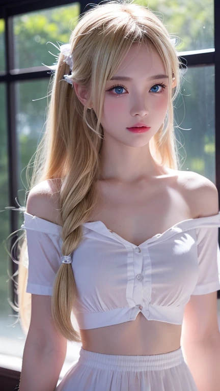 ((Girl sitting on train seat)),Bright expression、Younger, brighter, whiter skin、Best Look Rondo Reflective Light、Platinum blonde hair with dazzling highlights、Shiny bright hair,、Super long, silky straight hair、Shiny beautiful bangs、Shining transparent attractive big blue eye、A very beautiful, lovely and cute 16 year old girl、Ample breasts,Beautiful and detailed eye, Beautifully detailed nose,(( whole body:1.5)),Makeup that accentuates the eyes、Royal Style，Comic book style, , Scattered beneath the surface, Glamorous decoration, Nature background, Super huge breasts, ((cinematic)), Dramatic lighting, Tabletop、((Off-shoulder T-shirt with floral print on white:1.4))、(Loose and fluffy perm:1.4)、One Girl、((Bob Hair:1.3))、Ultra-realistic 8K CG, Perfection face, perfection, clean, Tabletop, Professional artwork, Famous works of art, Perfection face, Beautiful Face, Beautiful eye, ((perfection female body)), alone,(Immersive atmosphere, clair obscur:1.5,Bright light:1.2,Bright lighting),(blush:0.5),A captivated look,Very detailed_eye,Thick thighs,big,Beautifully detailed backgrounds,Depth of written boundary,Realistic:1.3, Long Shot,Sitting, whole body, (Ambient Light:1.3),(cinematic composition:1.3),(Neon Light:0.1),(Hmph:0.1),Accent lighting, pantyhose,((Out of the window, Blurred skyscrapers))、(())、(Puffy eyes:1.２)、 (Thin legs),(Light on face and chest)、(((((Underbust)))))、Lower Breast、Oily skin、skinny、 (The underside of the chest is slightly visible),(The underboob is visible、I can see your belly button and ribs)、The hips and lower abdomen are visible、Dark blue flared skirt、(Lift up your skirt）,((White thong panties are visible)),